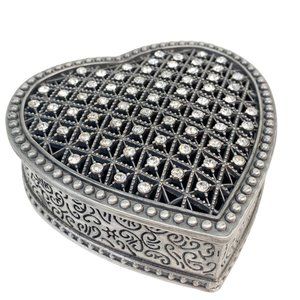 Heart Trinket Box with Lid Pewter Rhinestones Ring Jewelry Pill Coin Vanity Dish